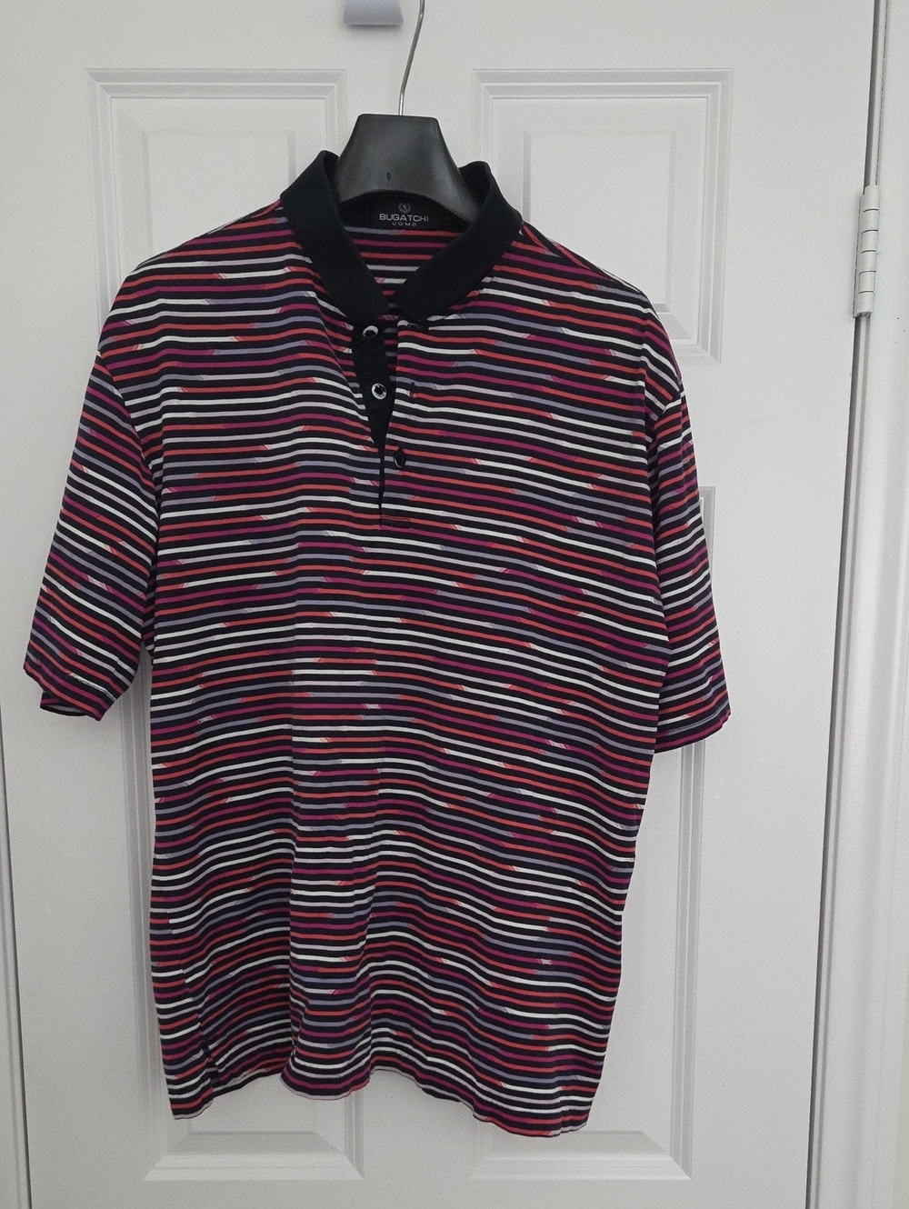 Bugatchi Striped Polo with Black Collar - Red, White, Navy XL Mens